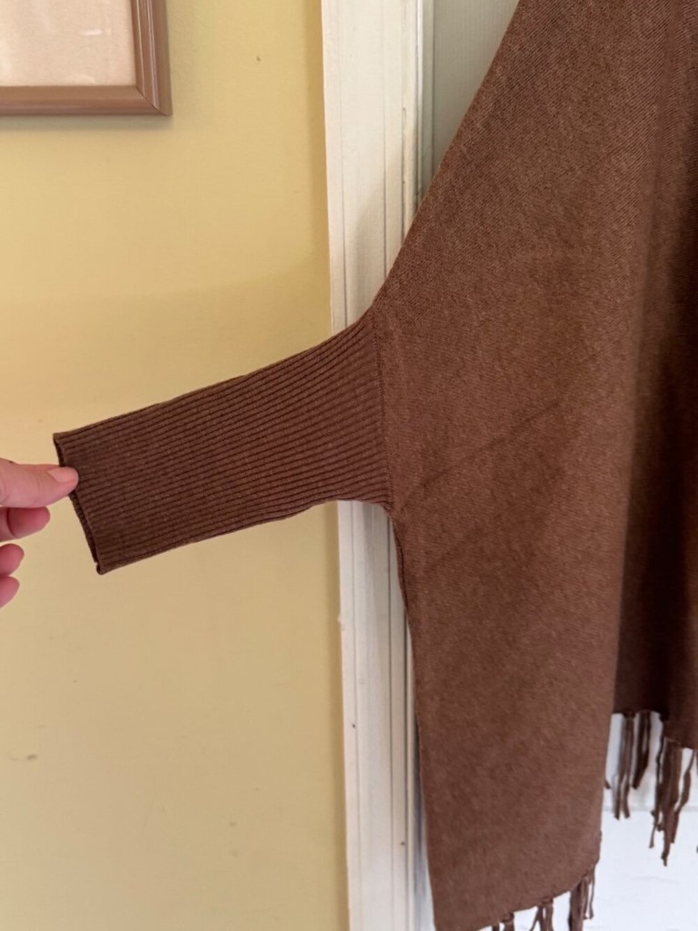 Magaschoni Poncho Sweater Brown Turtleneck Dolman Sleeve Fringe Hemline Knit L - Picture 5 of 11